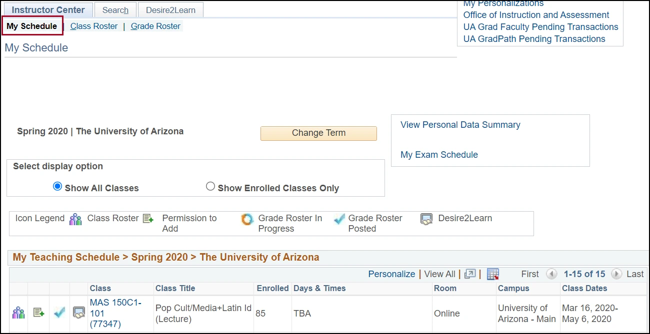 UAccess screen with My Schedule highlighted