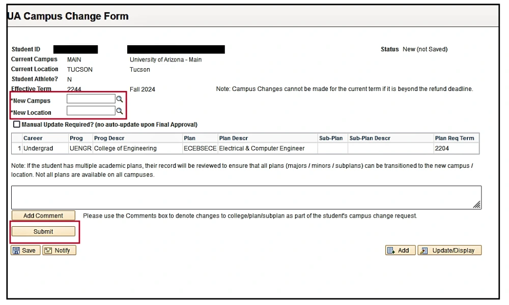 Image of Campus Change form